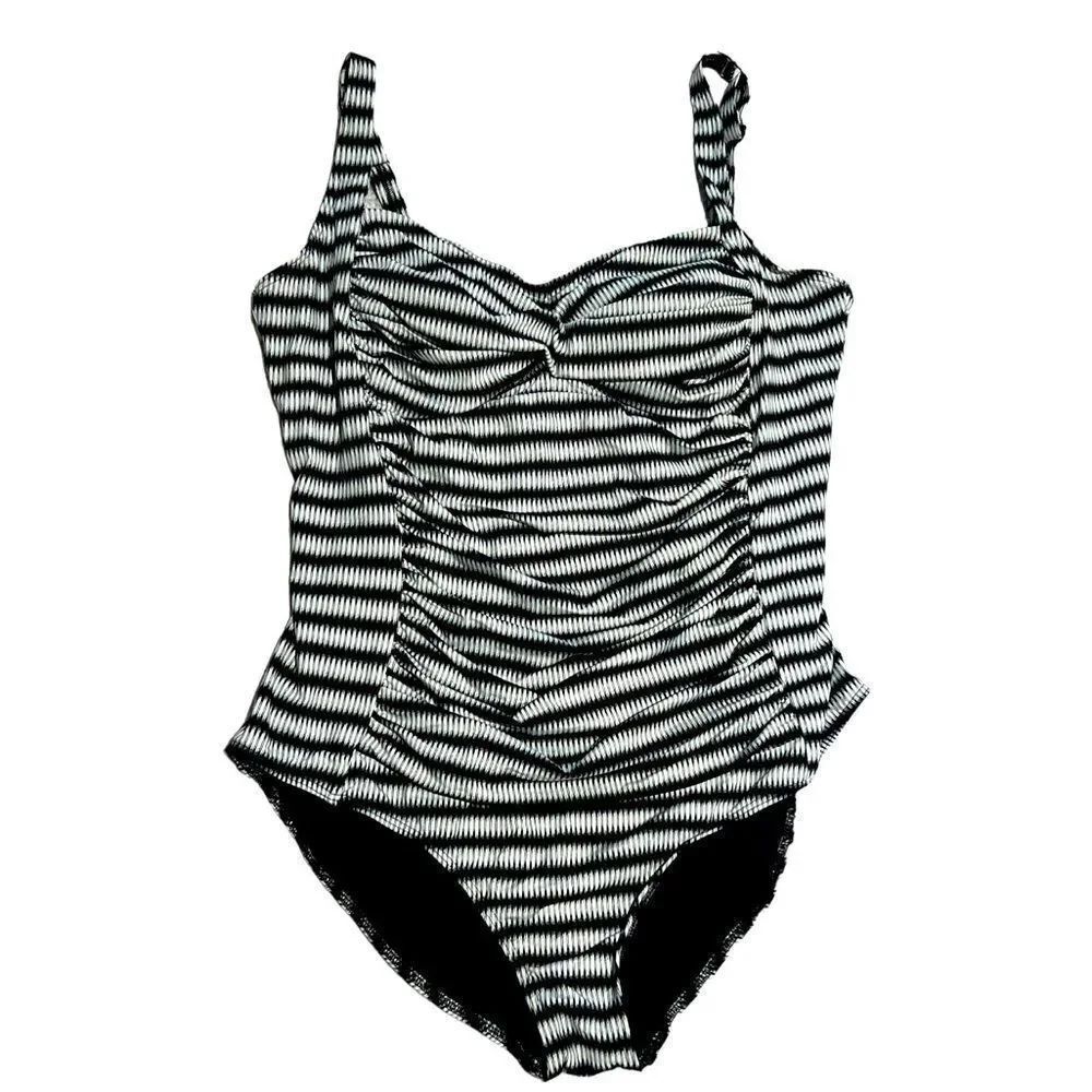 M&S Black White Striped Tummy Control One Piece Swimsuit UK sz 22 (US 18)